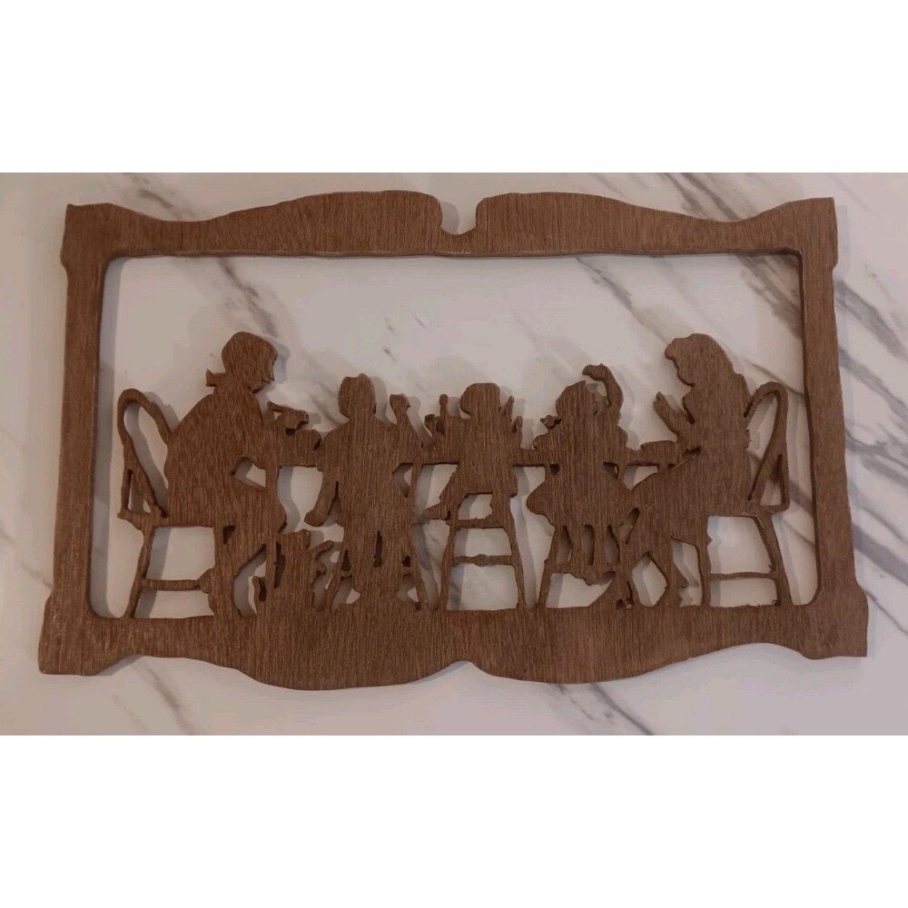 Vintage Silhouette Carved Wood Cut Family Dinner Handmade Cottage Decor